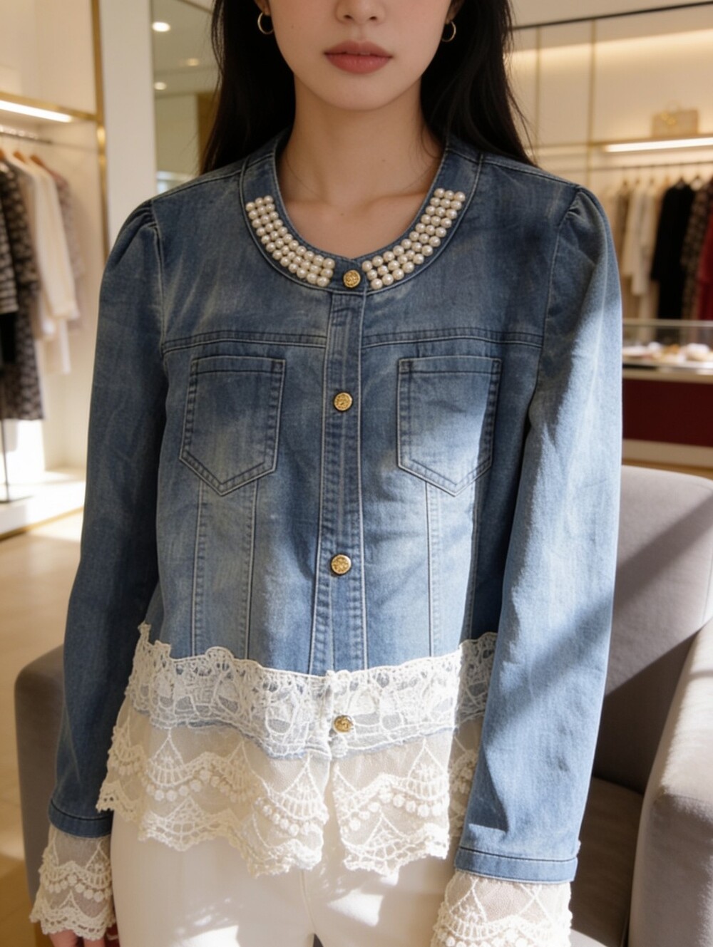 Embellished Denim Jacket with Lace Trim